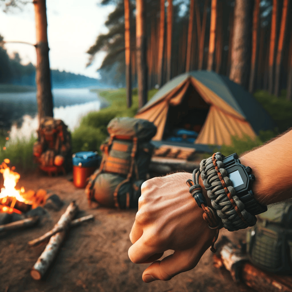 paracord bracelets DALL·E 2023 11 13 20.05.16 An outdoor camping scene with a focus on a persons wrist wearing a paracord bracelet. The setting includes typical camping gear in the backg