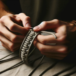 paracord bracelet DALL·E 2023 11 13 21.25.33 An image of hands actively weaving a paracord bracelet showing the process in detail. The hands are holding and manipulating the paracord weaving it fuben
