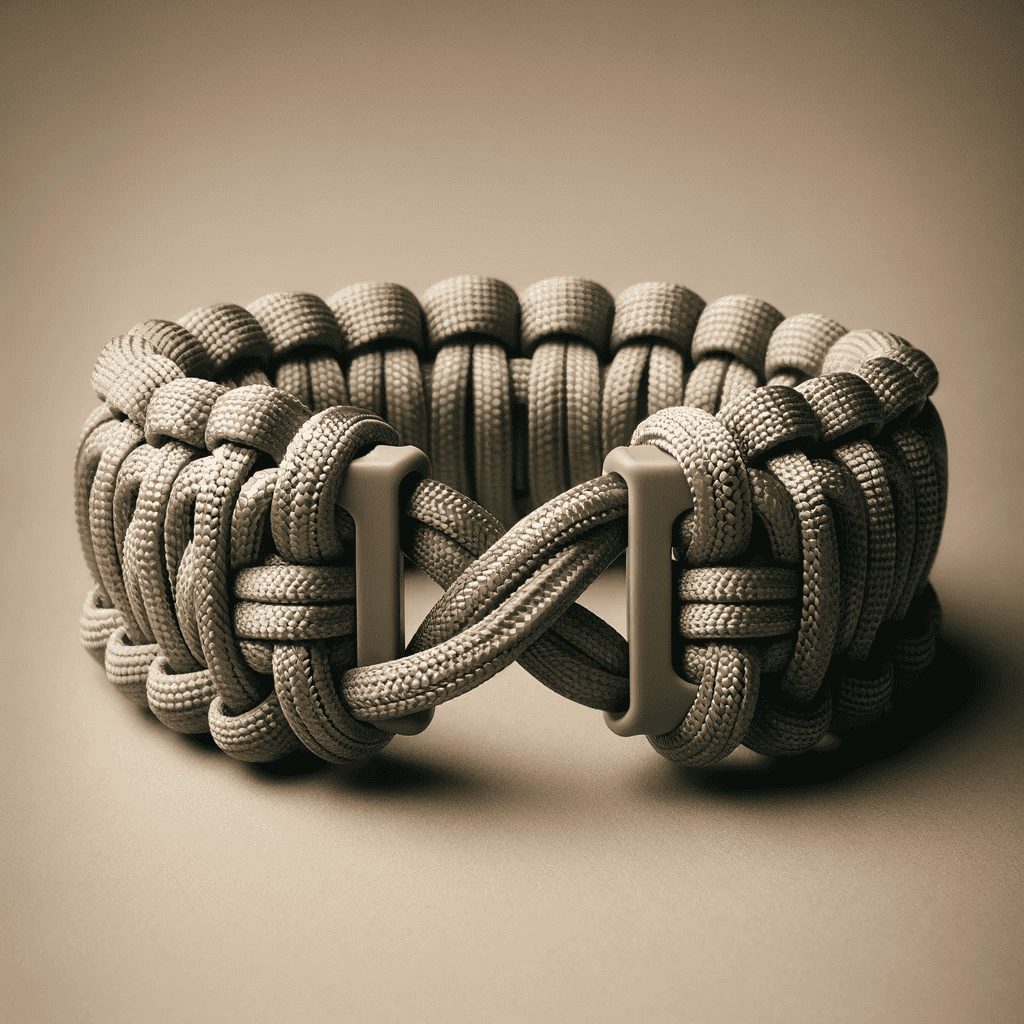 paracord bracelet DALL·E 2023 11 19 20.18.07 An image of a buckle free paracord bracelet focusing on the seamless design that features a unique knotting technique allowing for secure fa