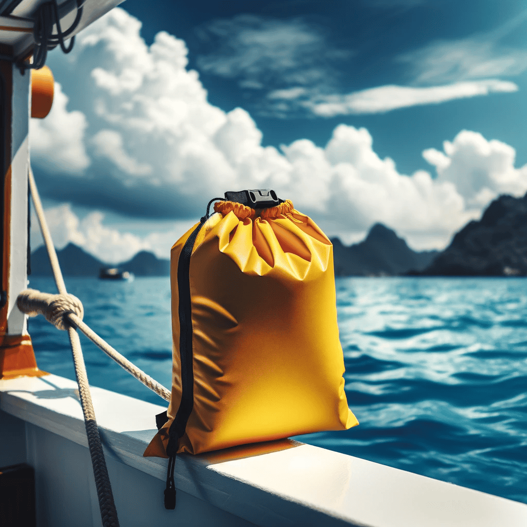 dry bag DALL·E 2023 11 20 21.45.14 A vivid image of a yellow dry bag attached to the side of a white boat with a clear blue sea and sky in the background. The bag is positione