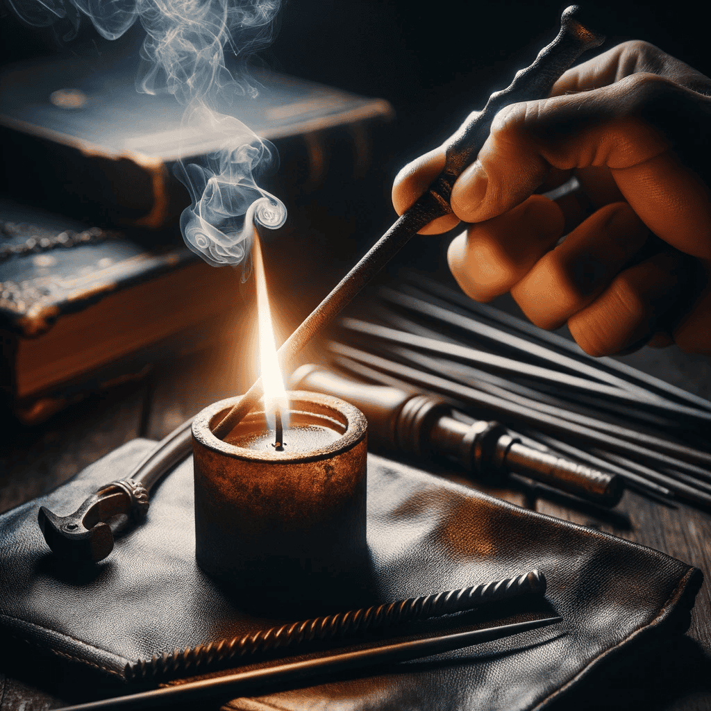 ferro rod DALL·E 2023 12 25 20.41.58 close up image of a ferro rod being used to light a candle in a dark cozy setting