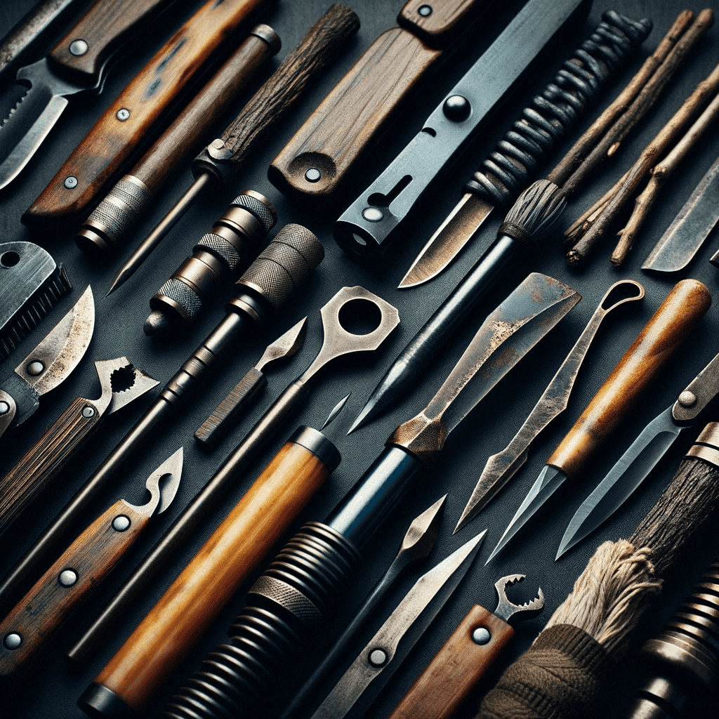 ferro rod DALL·E 2023 12 27 20.15.47 close up image of various types of strikers used with ferro rods including steel strikers knives and makeshift strikers