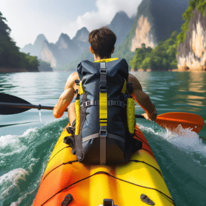 dry bag DALL·E 2024 01 01 20.16.58 a person kayaking with a brightly colored dry bag secured at the back of the kayak showing its use in water sports 副本