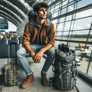 dry bag DALL·E 2024 01 07 20.58.50 a traveler with a backpack and a dry bag at an airport showcasing the use of dry bags in travel settings e1704694197802