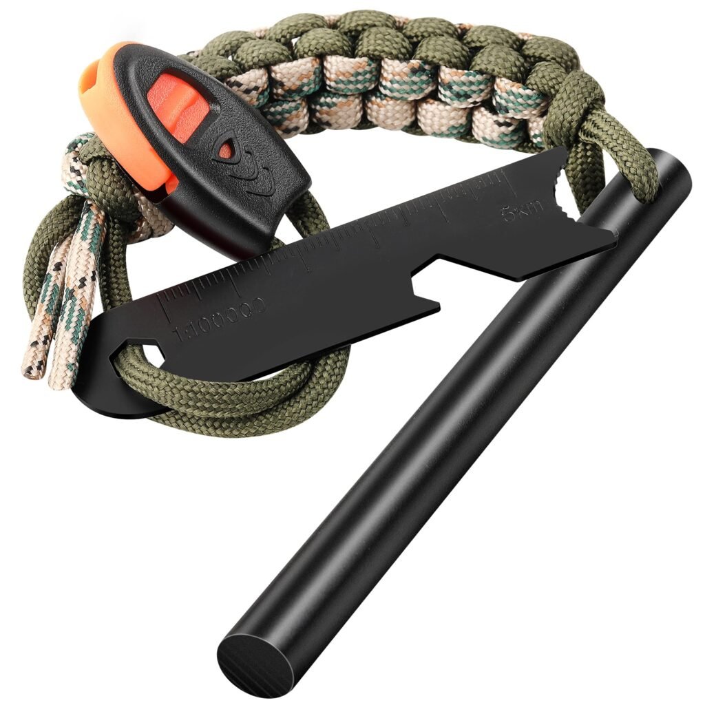 High-quality wholesale ferro rod kit FRC56 featuring a premium magnesium alloy fire steel, multi-tool scraper, emergency whistle, and camo paracord lanyard.