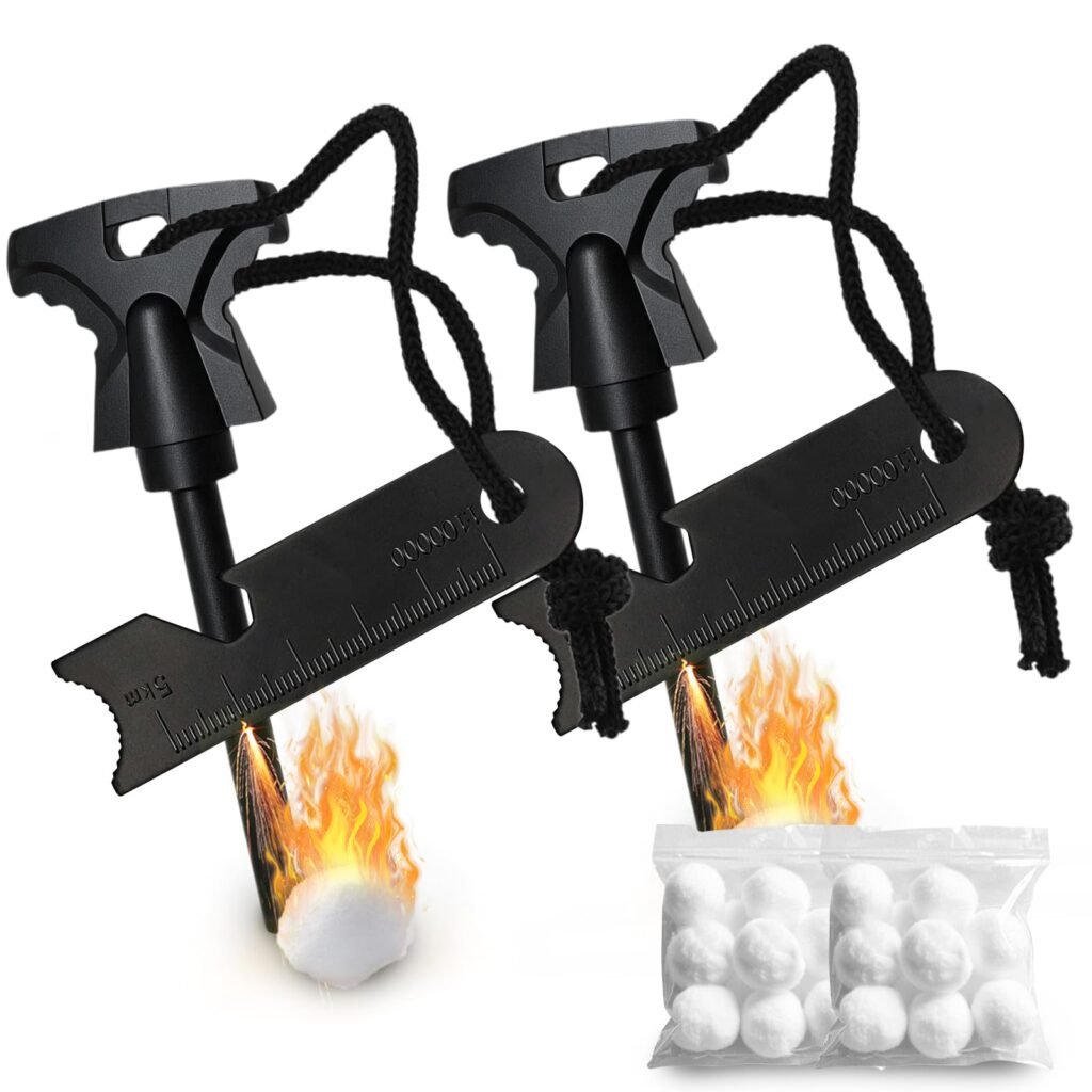Two packs of ergonomic fire starters with premium bulk ferrocerium rods, multifunctional strikers, and bags of waterproof tinder cotton balls sparking a fire.