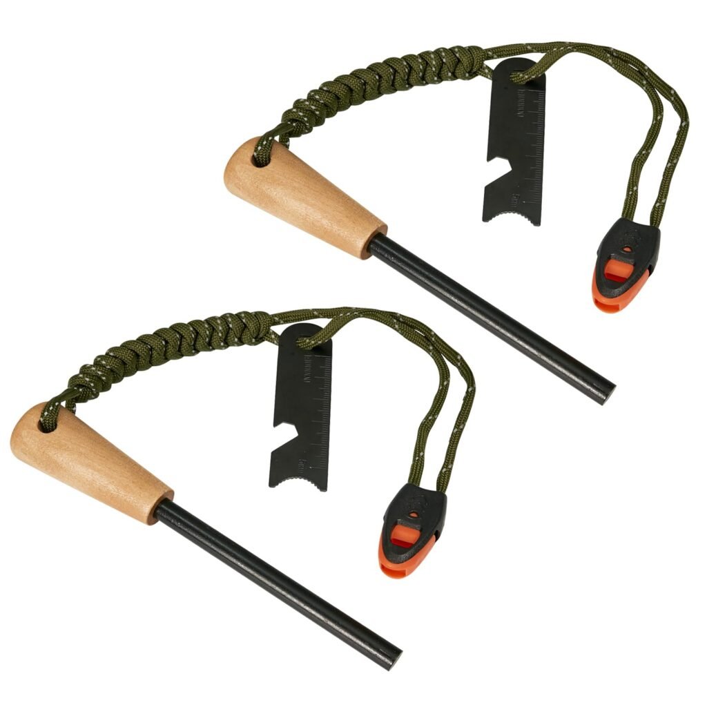Two FRC51 premium survival fire starters with wooden handles, black metal multi-tool scrapers, and green reflective paracord lanyards, showcasing top-quality ferro rod bulk FRC51 inventory for outdoor wholesalers.