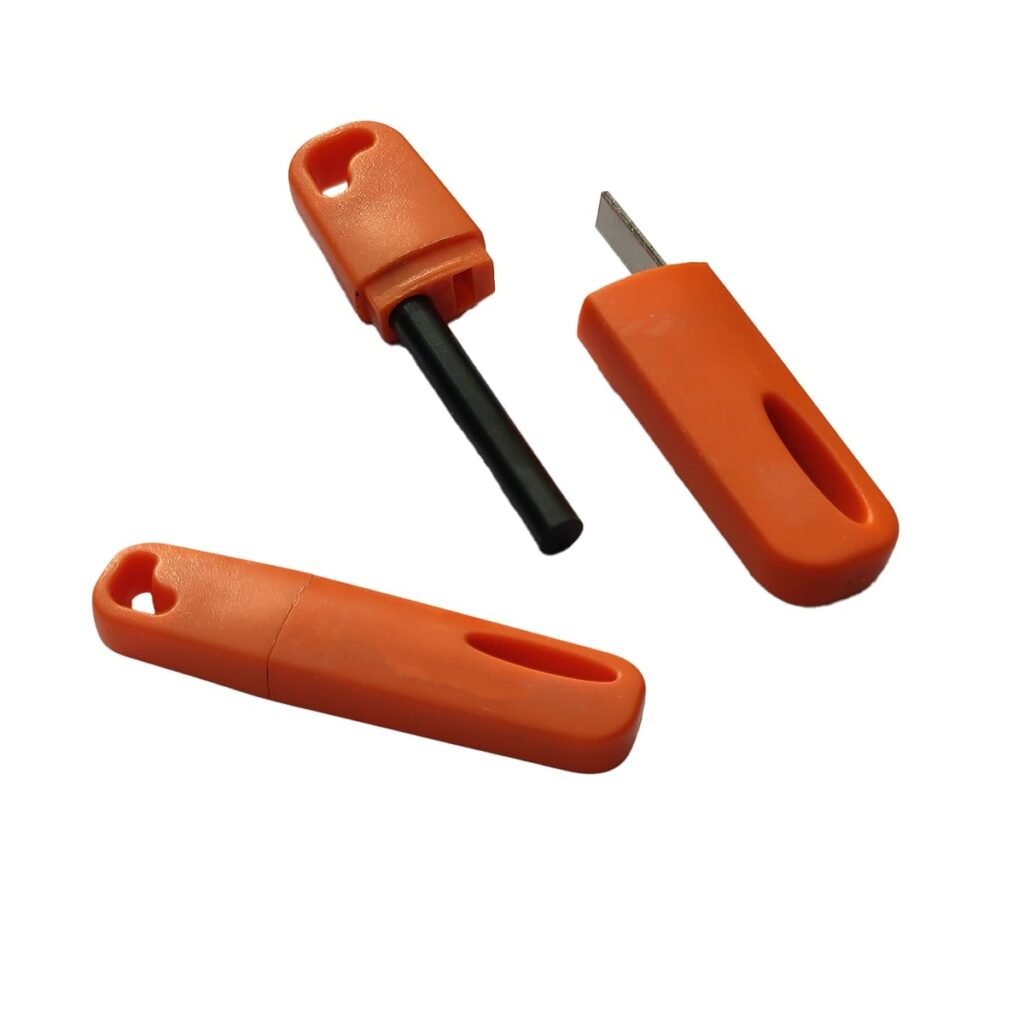 Compact ferro rod bulk FRC50 fire starter with a protective bright orange case and reusable steel striker tool.