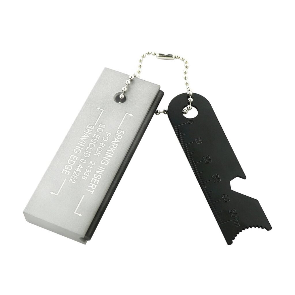 FRC63 magnesium fire starter block connected by a ball chain to a black multi-tool striker, showcasing a professional ferro rod bulk FRC63 solution for outdoor brands.