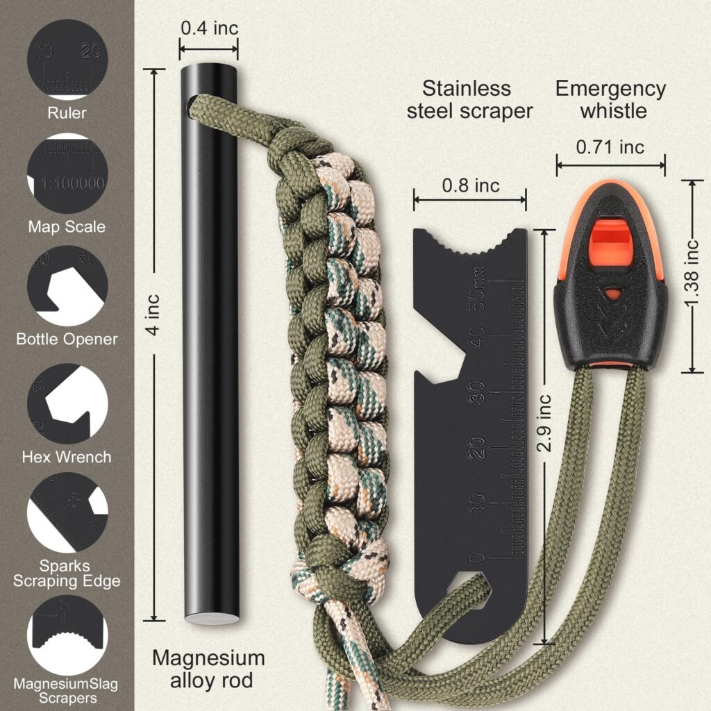 Detailed 4" x 0.4" dimension specs of ferro rod bulk FRC56 highlighting the stainless steel multi-tool scraper, map scale, ruler, bottle opener, hex wrench, and emergency whistle.
