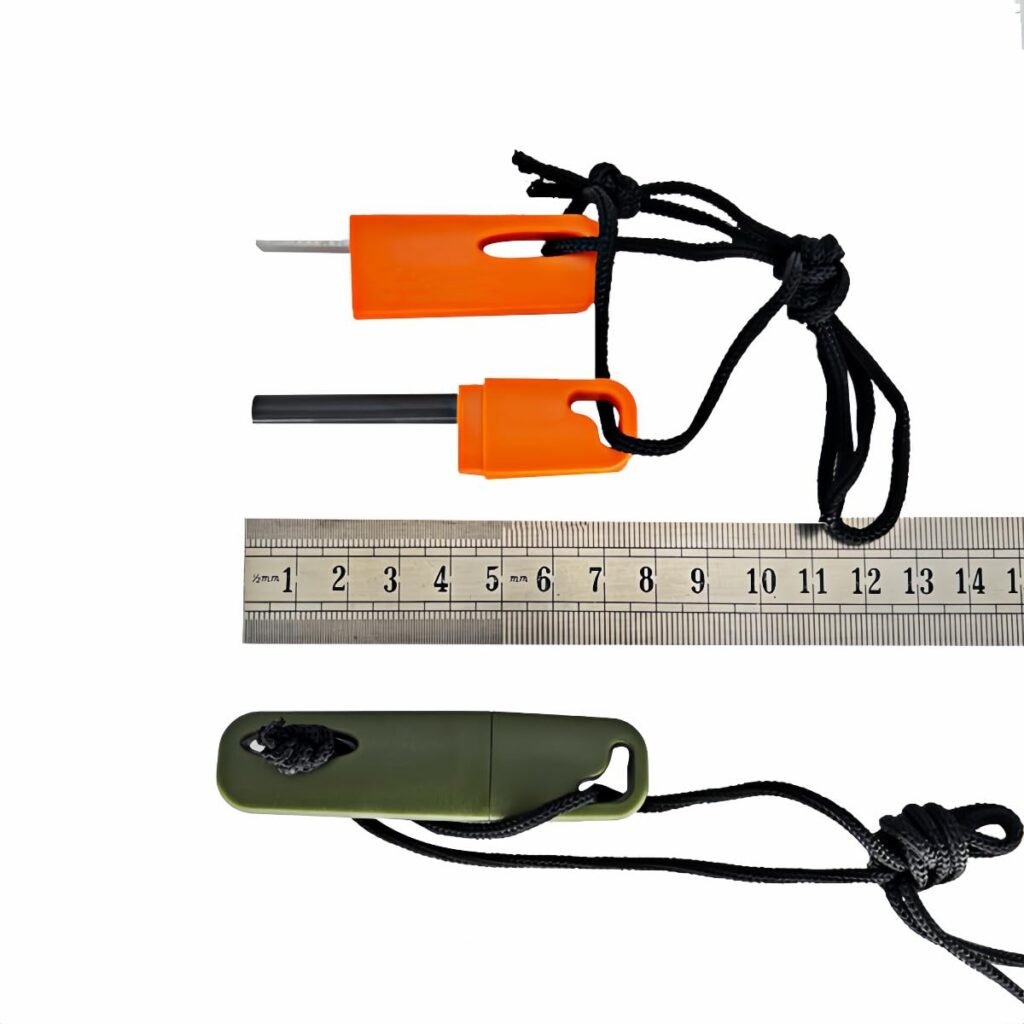 Bulk fire steel pocket-sized ignition tool showing exact dimensions next to a metal ruler and an army green color variant option.