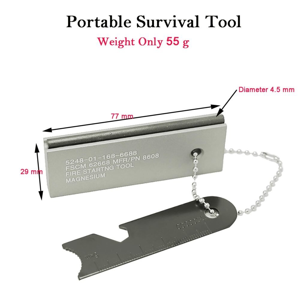 Specification chart of the 55g portable survival tool, indicating 77mm length, 29mm width, and a 4.5mm diameter rod, perfect for wholesale bulk ferrocerium rods buyers.