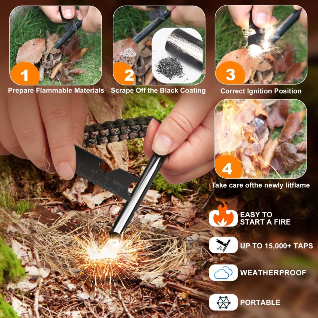 Step-by-step outdoor fire-starting guide showcasing ferro rod bulk FRC56 generating massive 3,000°C sparks for instant weatherproof ignition.