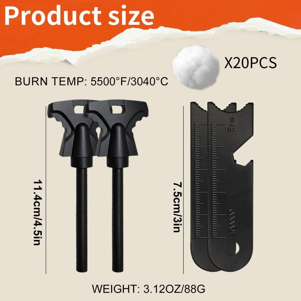 Detailed product size and specifications diagram for the ferro rod bulk FRC57 showing 4.5-inch total length, 3-inch multi-tool striker, and 3,040°C burn temperature.