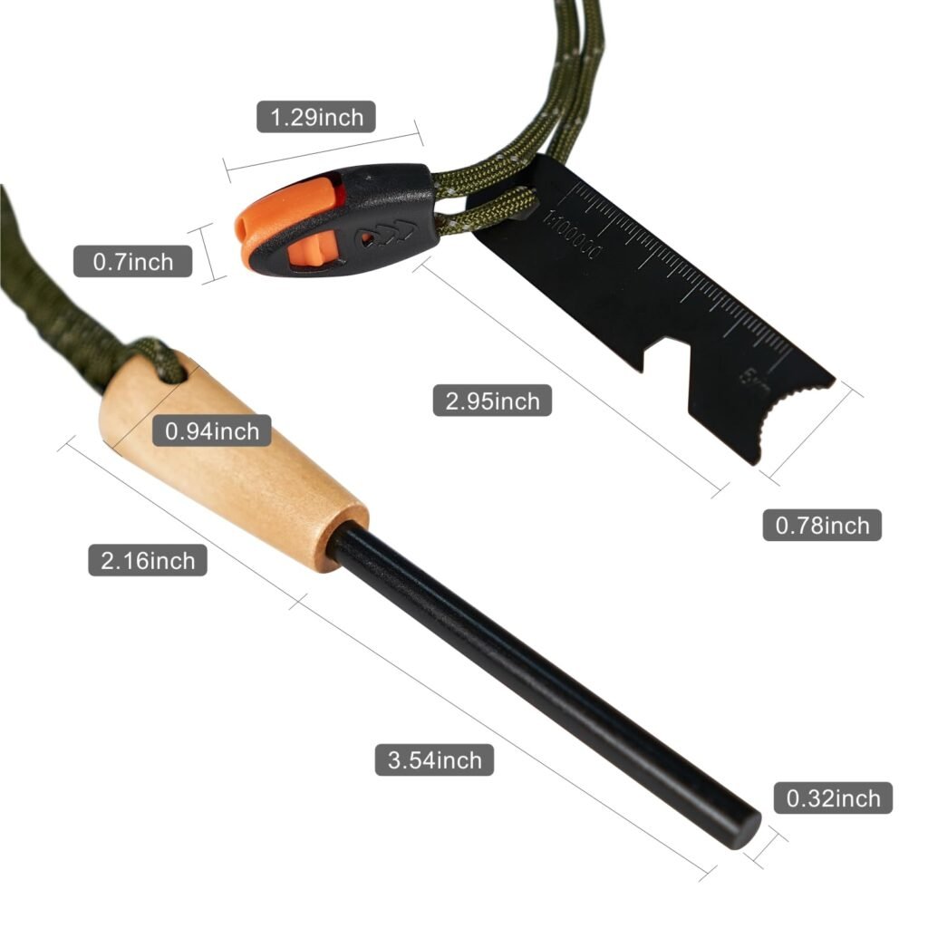Detailed technical dimensions diagram of the FRC51 fire steel, showcasing a 0.32-inch diameter by 3.54-inch length rod and 2.16-inch wooden handle from our bulk ferrocerium rods supply line.