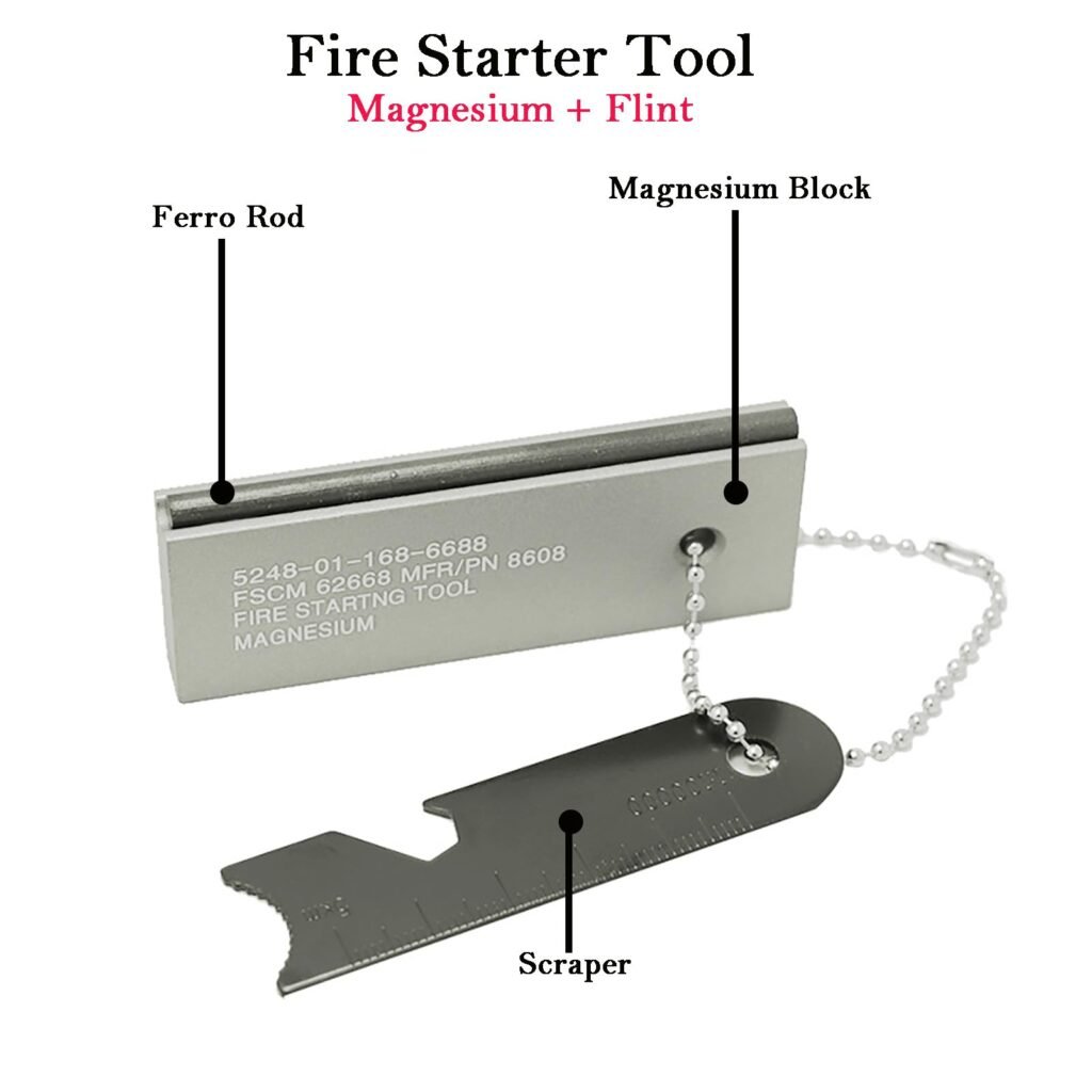 Detailed anatomy of the FRC63 fire starter tool pointing out the premium ferro rod, solid magnesium shaving block, and heavy-duty steel scraper.