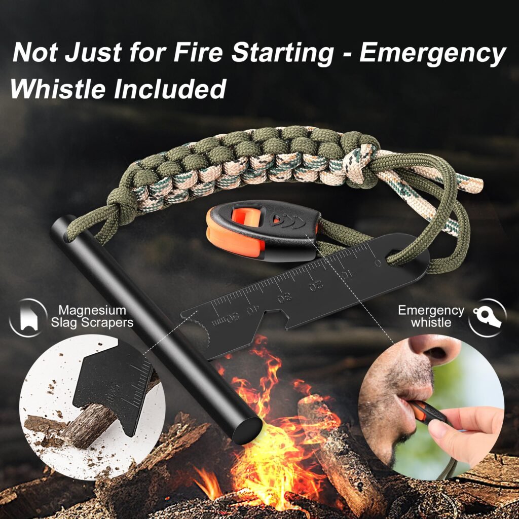 Multi-functional wholesale ferro rod survival tool including an emergency whistle and specialized magnesium slag scraper for wilderness preparedness.