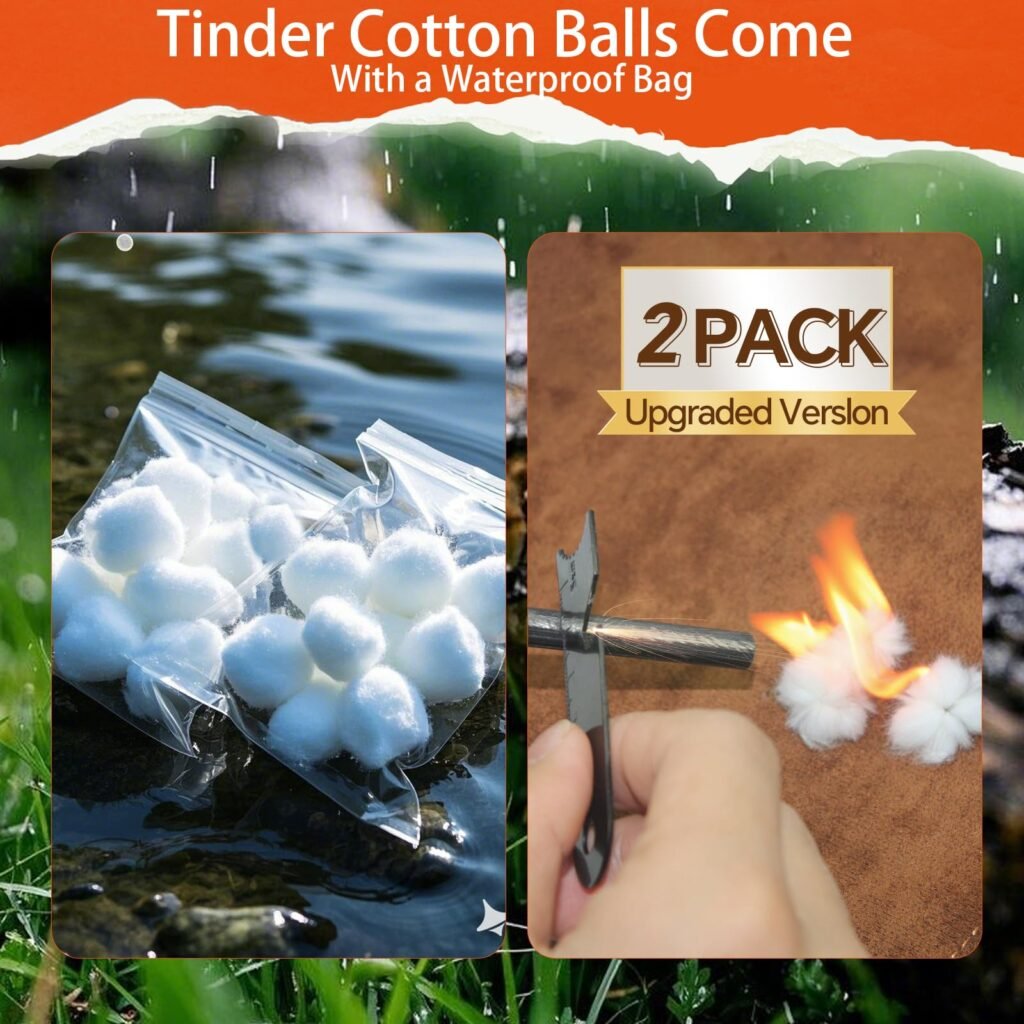 Upgraded 2-pack fire steel kit demonstrating waterproof tinder cotton balls floating on water and bulk ferrocerium rods sparking an instant flame on leather.