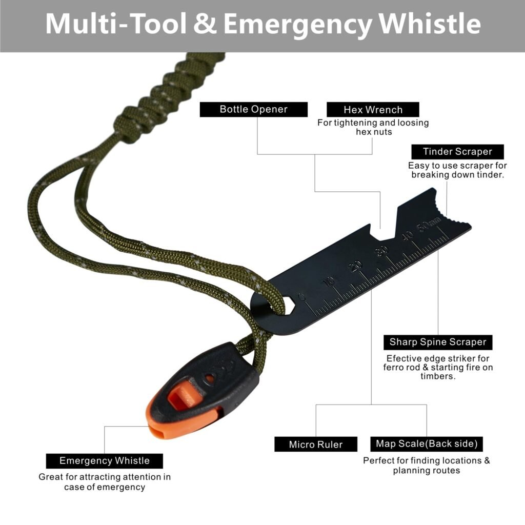 Close-up of the 6-in-1 tactical scraper featuring a bottle opener, hex wrench, micro ruler, map scale, and orange emergency whistle on the ferro rod bulk FRC51 survival tool kit.
