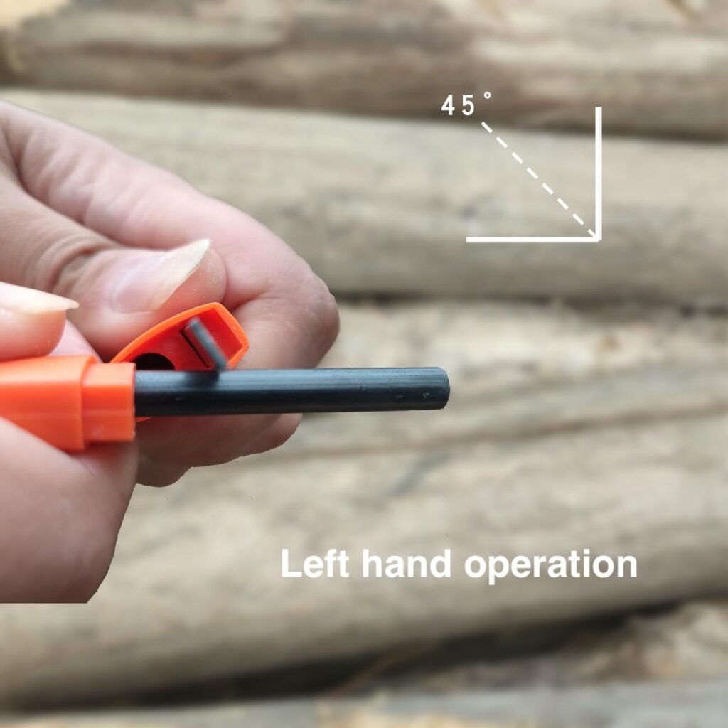 Close-up of left hand operation scraping the premium ferro rod bulk FRC50 at a 45-degree angle to produce high-heat sparks.