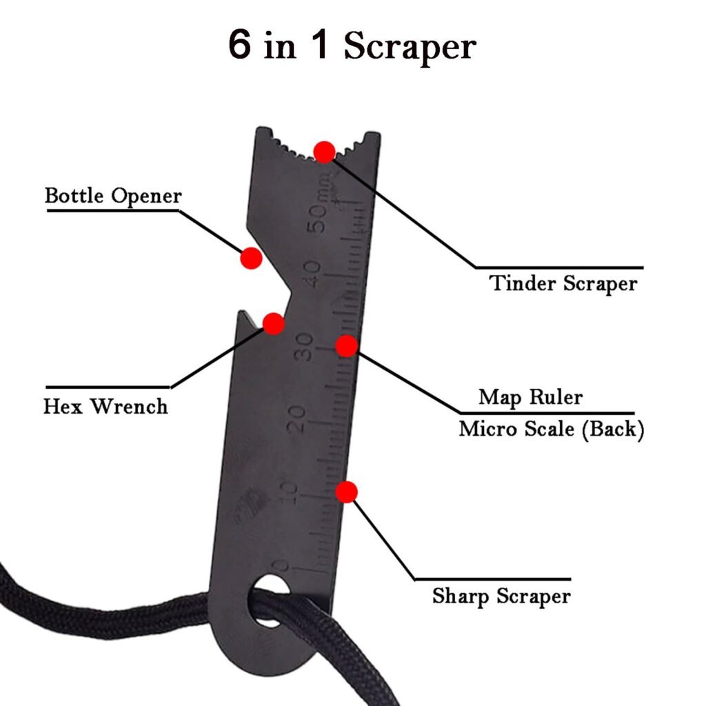 Close-up of the 6-in-1 multi-functional scraper showing the tinder scraper, sharp striker, bottle opener, hex wrench, map ruler, and micro scale.