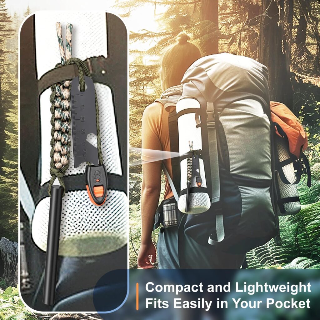 Compact and lightweight ferro rod bulk FRC56 kit hanging on a tactical backpack mesh pocket for easy everyday carry (EDC) and hiking.