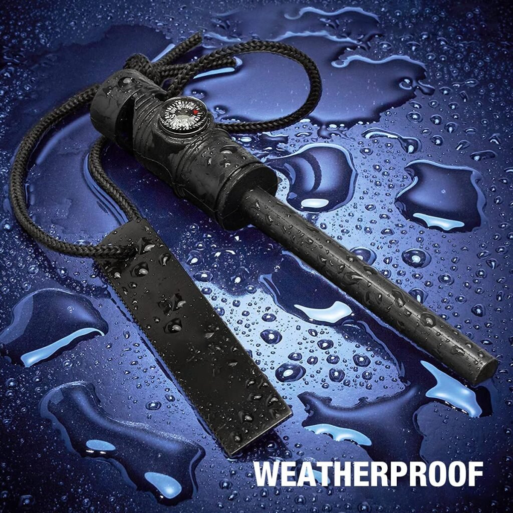 Waterproof and weatherproof wholesale ferro rod shown covered in water droplets to demonstrate reliable all-weather performance for outdoor emergency survival.