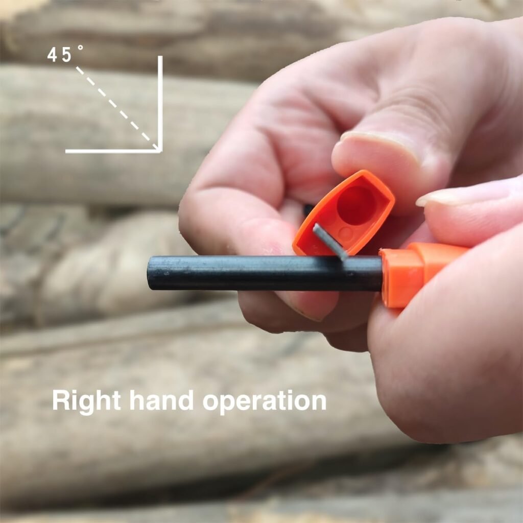 Ergonomic wholesale bulk fire steel being used at a 45-degree angle for right hand operation to easily ignite tinder outdoors.
