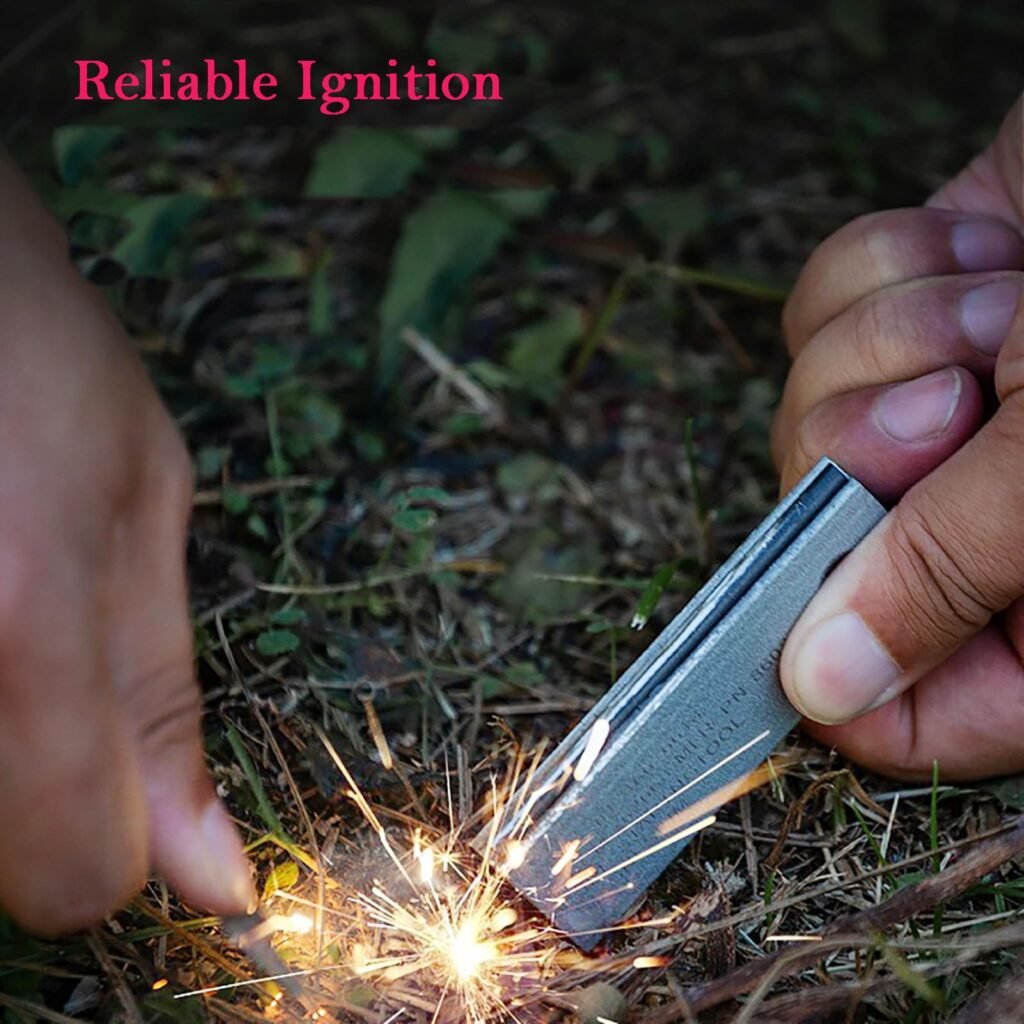 Outdoor reliable ignition demonstration with a user scraping the ferro rod bulk FRC63 magnesium block to shower massive high-heat sparks on dry grass.