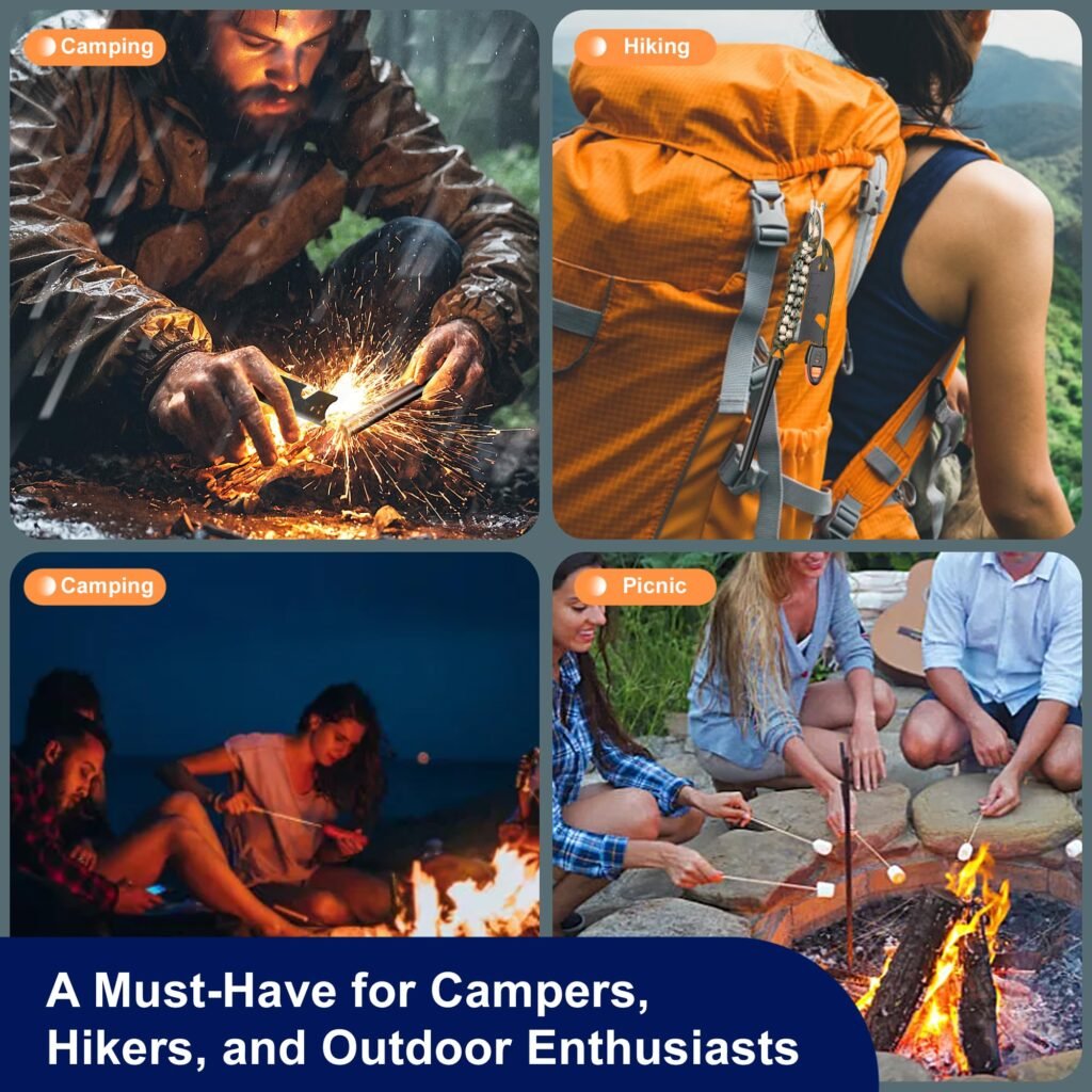 Reliable wholesale ferro rod in action across multiple outdoor scenarios including rainy day camping, hiking gear attachment, and campfire cooking.