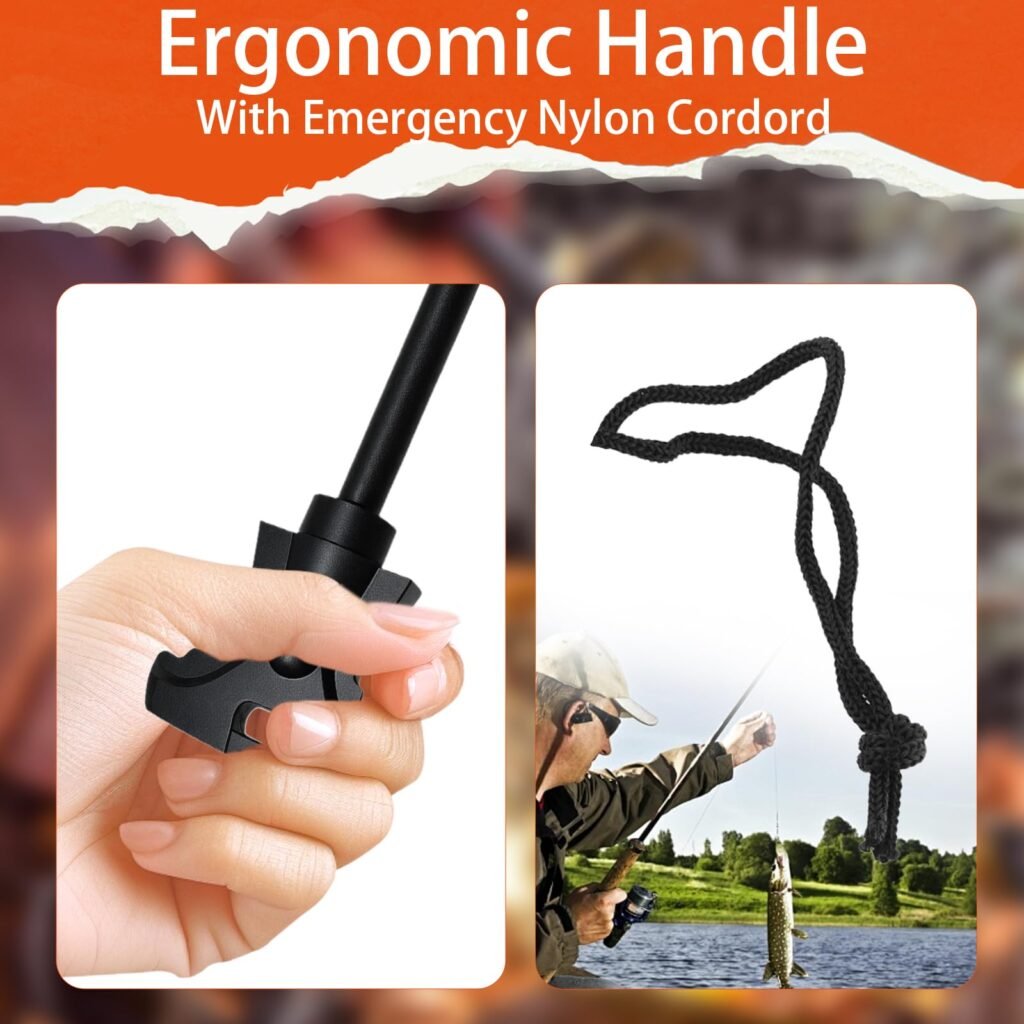 Close-up of a hand tightly holding the ergonomic plastic handle and the heavy-duty black nylon cordord lanyard attached to premium bulk ferrocerium rods.