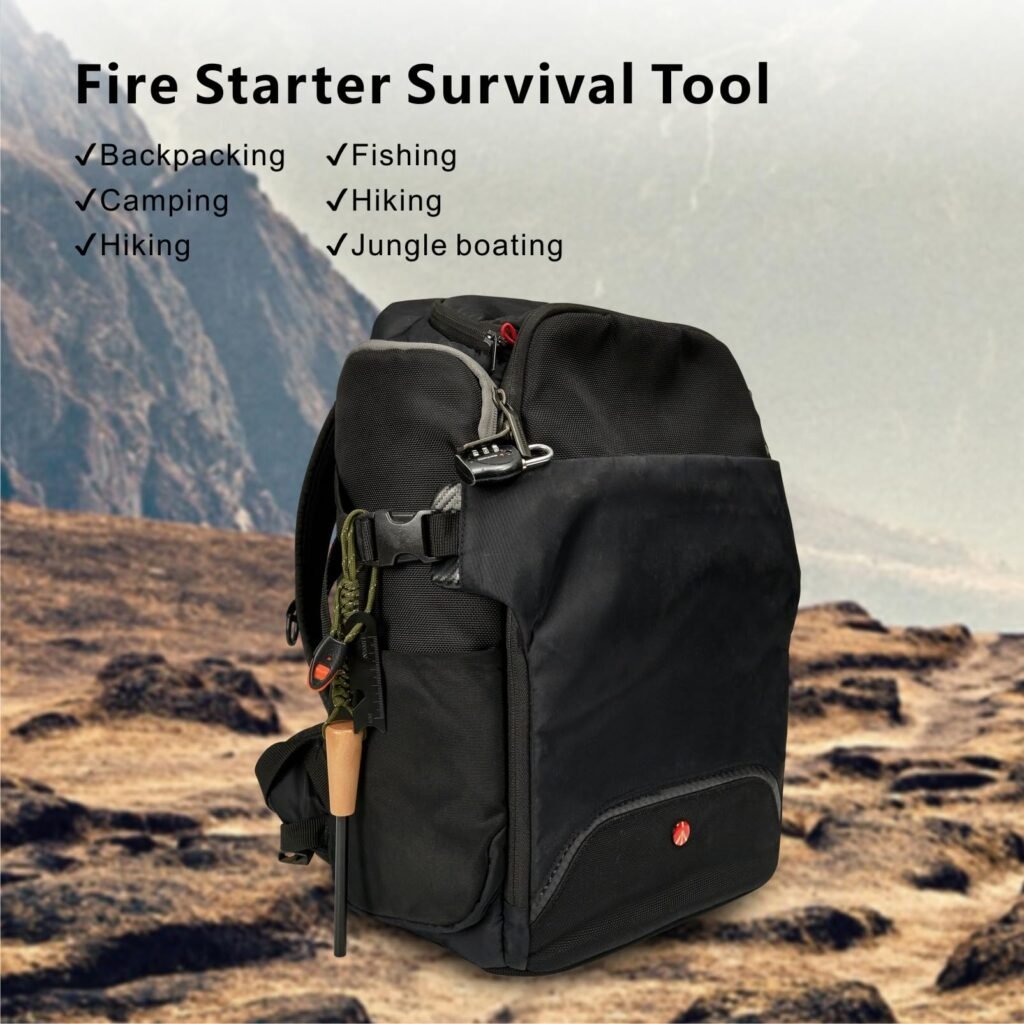 A tactical FRC51 fire starter with a natural wooden handle clipped onto a black outdoor backpack, demonstrating all-weather performance for premium bulk ferrocerium rods in action.