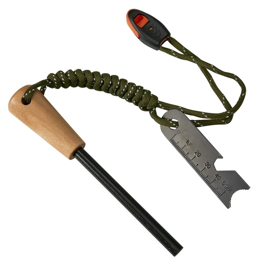Premium outdoor fire steel with a green paracord lanyard and a multi-tool scraper showing the map scale side, highlighting the extreme durability of our bulk ferrocerium rods.