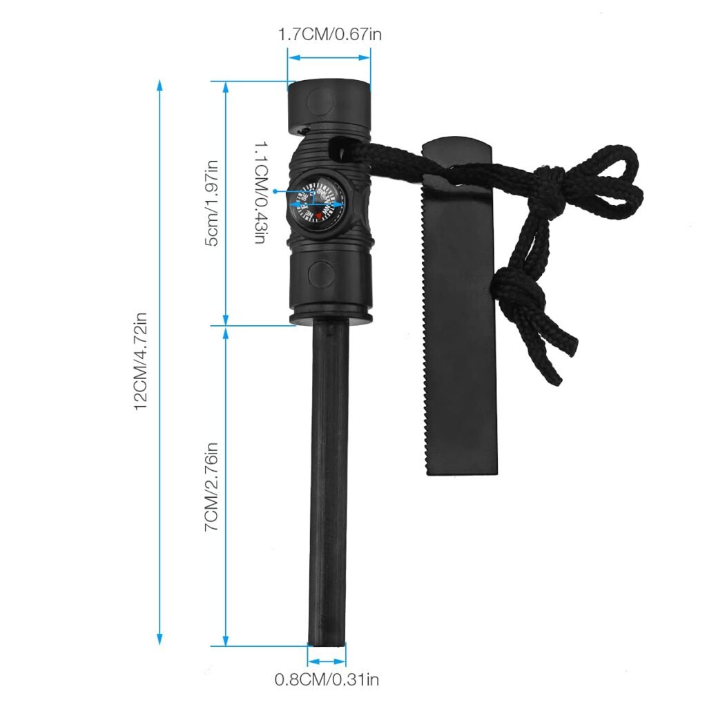 Dimension chart for the wholesale ferro rod showing a total length of 12cm, a 5cm handle with a 1.1cm compass, and a 7cm x 0.8cm magnesium fire starter rod.
