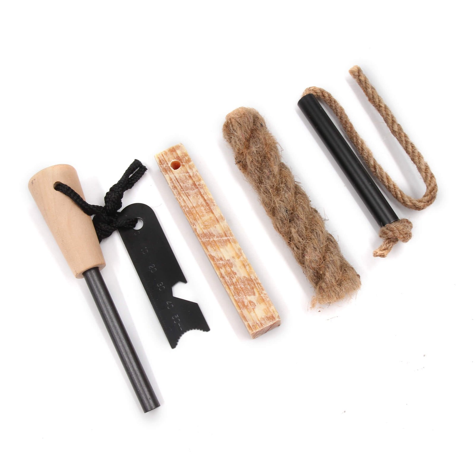 Fire starter kits with ferro rods, strikers, and tinder for wholesale