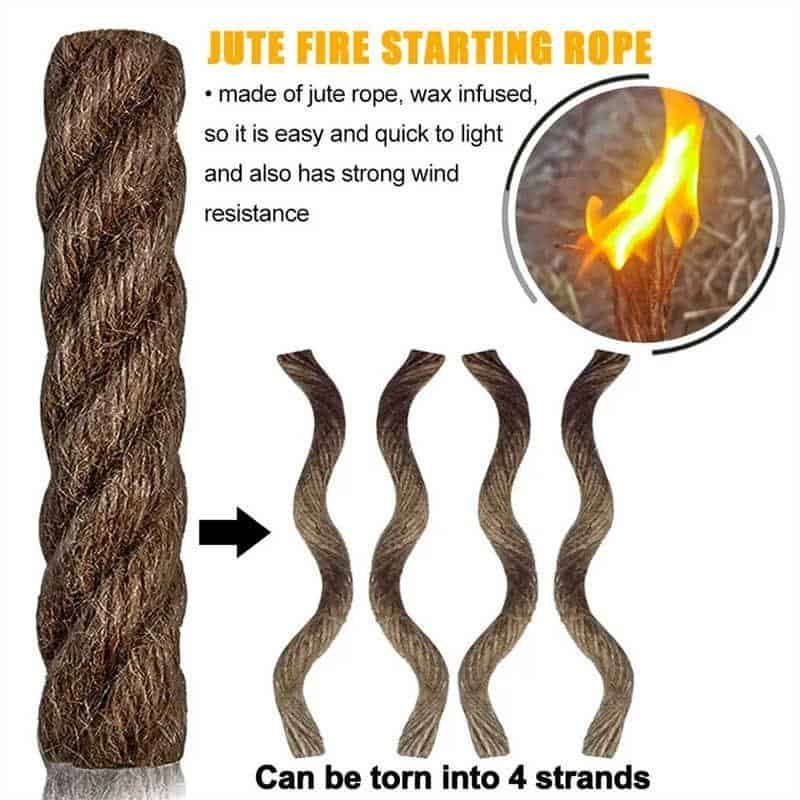 Weatherproof wax-infused jute rope for ferro rod bulk FRC20 fire starter kit, divisible into 4 strands for strong wind resistance.