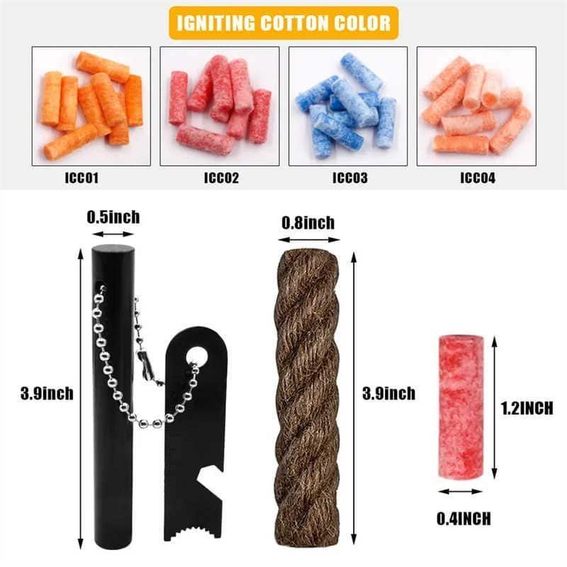 Detailed dimensions of the ferro rod bulk FRC20 survival set, showing the 3.9-inch ferrocerium rod and 1.2-inch cotton tinder sticks.
