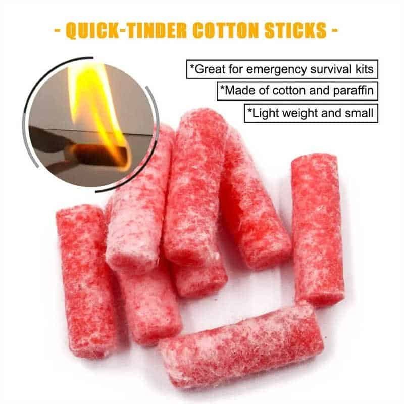 Colorful paraffin-soaked quick-tinder cotton sticks included with bulk ferrocerium rods for instant emergency ignition.