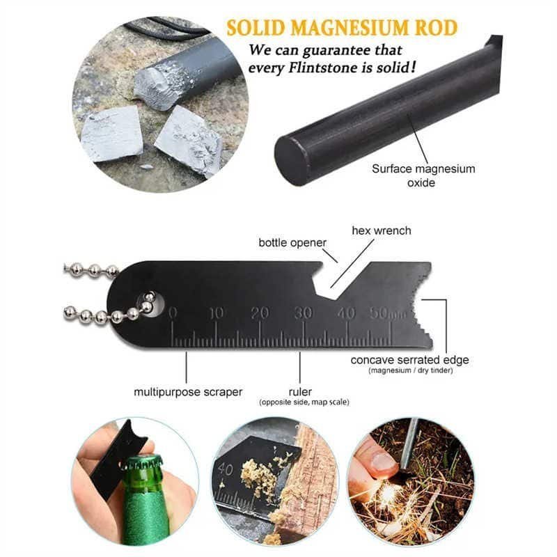 Multi-functional steel scraper for bulk ferrocerium rods featuring a bottle opener, ruler, hex wrench, and magnesium scraper edge.