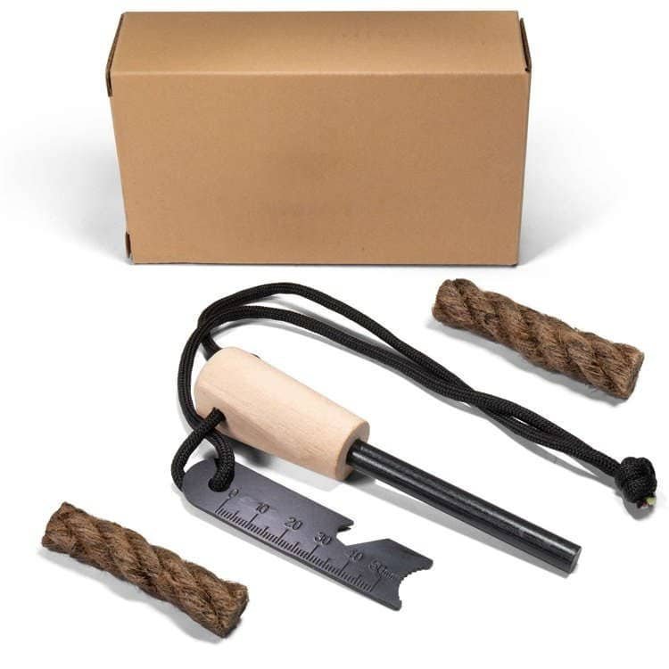 Complete survival fire starting kit with ferro rod bulk FRC15 featuring a handcrafted wooden handle, two natural tinder ropes, and a 6-in-1 multi-tool striker in a retail kraft box.