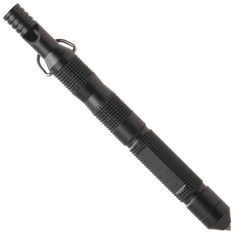 Multi-functional survival pen defense tool showing a complete wholesale fire starter kit with an integrated tactical whistle and glass breaker tip.
