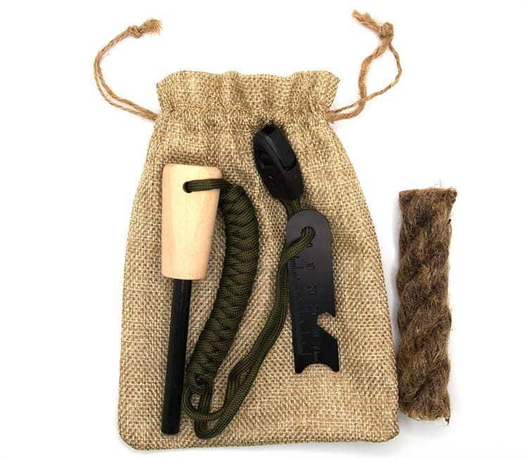 FRC08 fire starter kit featuring 120mm ferro rod bulk FRC08 with wood handle, 50mm striker, and jute tinder in a burlap bag.