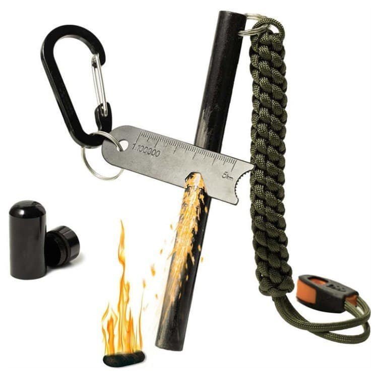 Flint and steel fire starter kit featuring a high-quality ferro rod bulk FRC21 with striker, tinder quik, paracord, and emergency whistle.