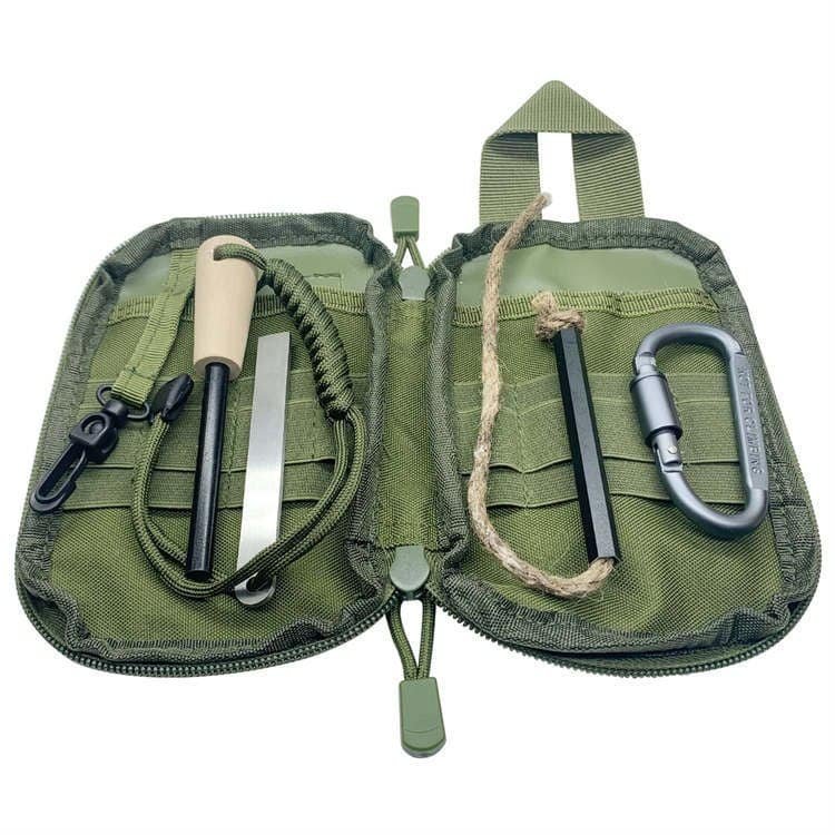 Professional ferro rod bulk FRC09 ignition kit including a wooden handle fire starter, stainless steel striker, and wax-infused hemp tinder in a green tactical pouch.