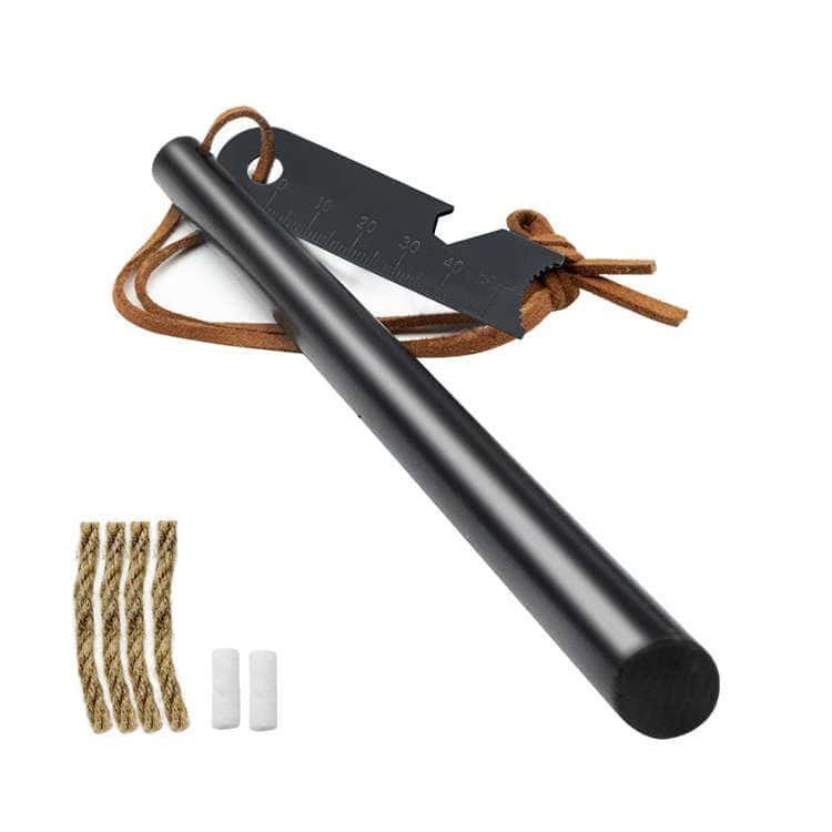 Complete survival kit featuring ferro rod bulk FRC10 with a 6-in-1 multi-tool striker, leather lanyard, and emergency tinder rope for outdoor fire starting.