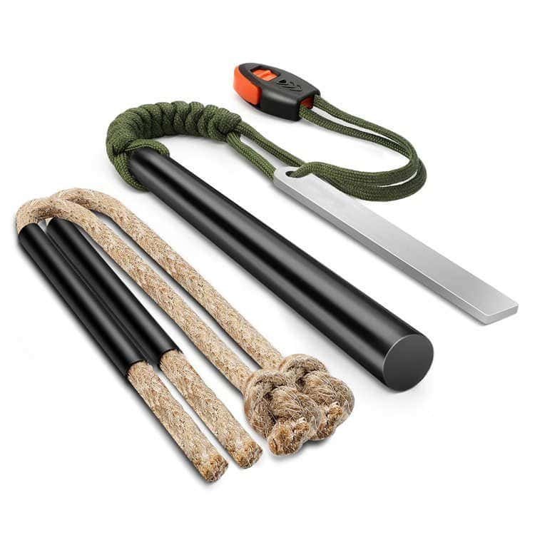 Professional ferro rod bulk FRC11 survival kit featuring a 5-inch magnesium rod, 4-inch HSS scraper, and dual wax-impregnated tinder ropes for emergency fire starting.
