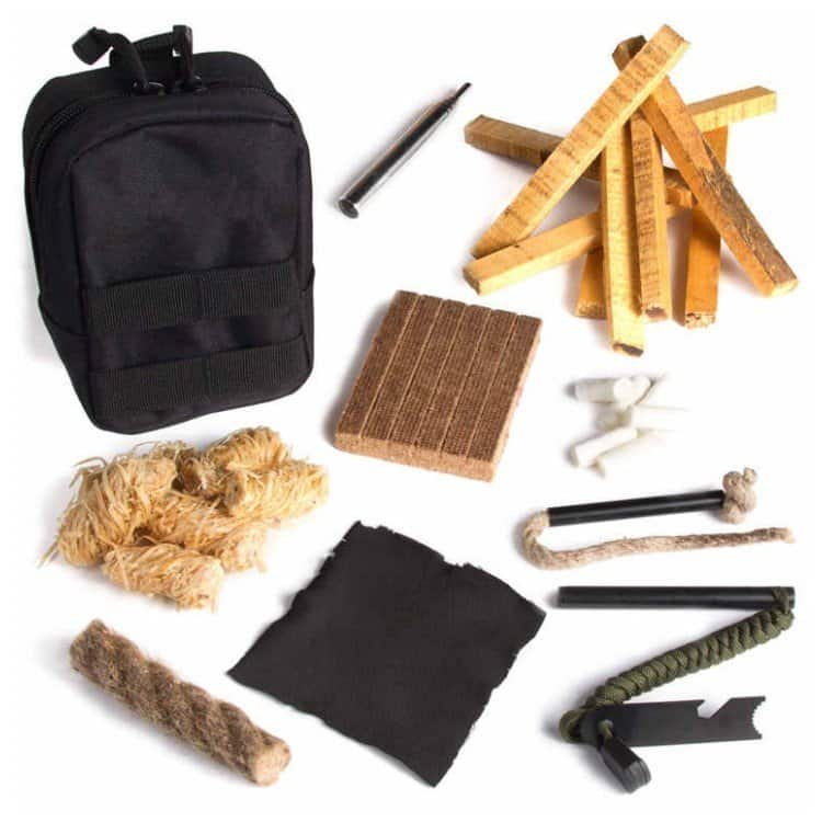 Complete emergency fire starting kit featuring a ferro rod bulk FRC12 and tactical MOLLE bag for professional survival gear wholesale ferro rod supply.