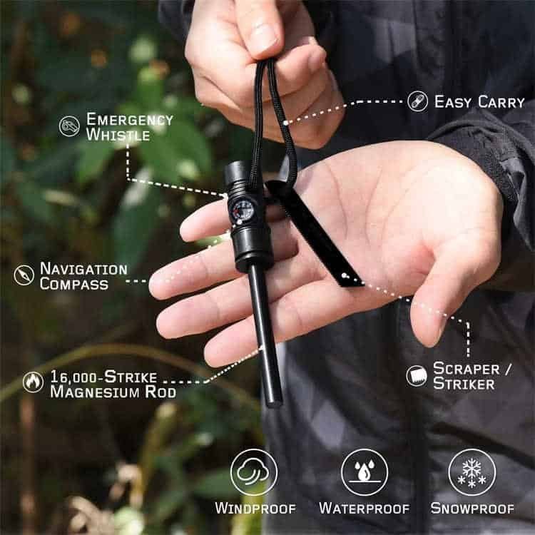 Multi-functional ferro rod bulk FRC27 kit featuring a navigation compass, emergency whistle, and steel scraper.