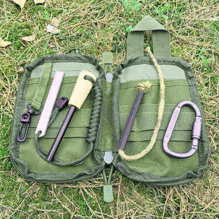 Professional ferro rod bulk FRC09 ignition kit including a wooden handle fire starter, stainless steel striker, and wax-infused hemp tinder in a green tactical pouch.