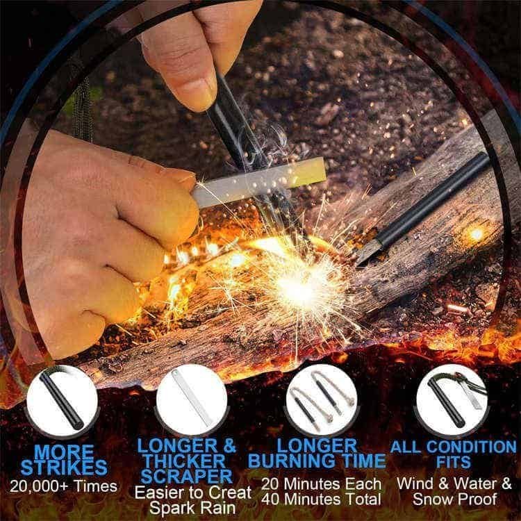 High-intensity 3,000°C spark shower from ferro rod bulk FRC11, demonstrating reliable ignition and extreme durability for 20,000+ strikes.